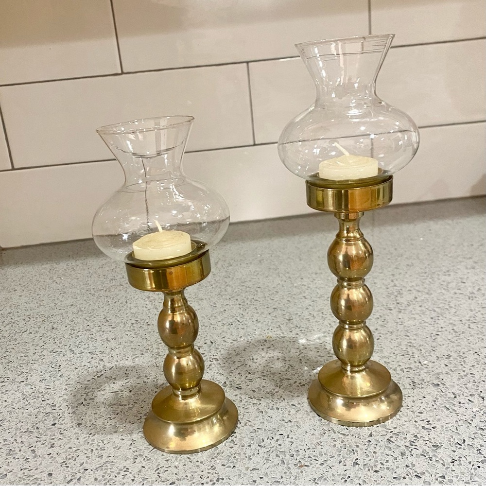 2 Vintage Candle Holders Brass & Glass MCM Cottagecore Pair Home Decor
